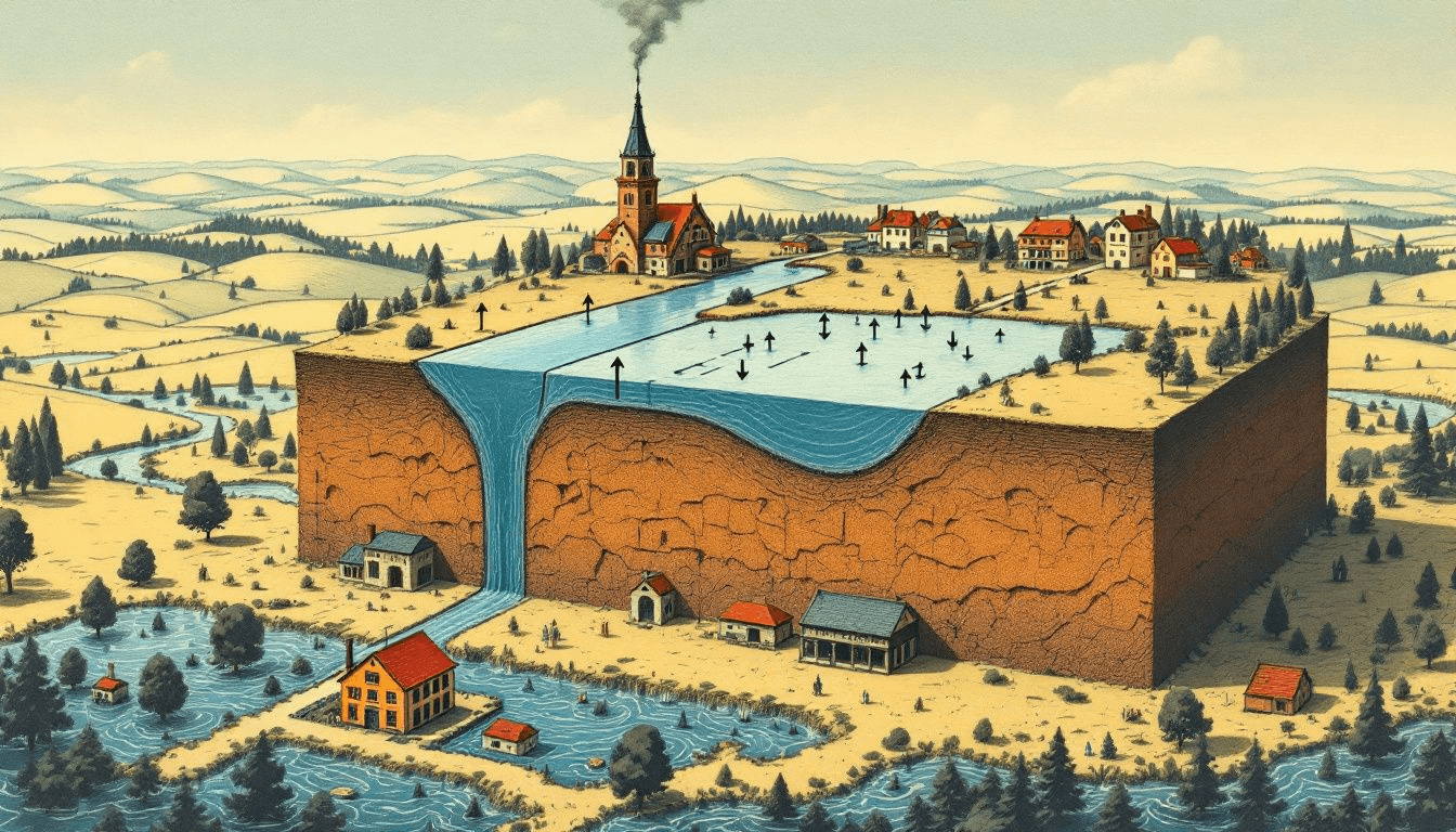 An illustration showing the relationship between land surface and the water table.